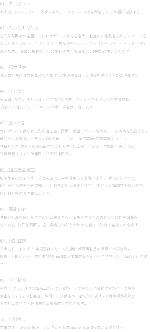 01　アポイント まずは、e-mail、TEL、本サイトのメールフォーム等を利用して、気軽に相談下さい。 02　カウンセリング どんな雰囲気の空間にしたいのか？ 予算等を含め、お互いに意見を交わしイメージをふくらますファーストステップ。 意見が合ったところでプレゼンテーションをさせて頂きます。 費用は規模の大小に関わらず、実費￥250,000が必要となります。 03　現場見学 お客様と共に現場を見に行きます(遠方の場合は　交通費を頂くことがあります)。 04　プレゼン 平面図・模型、もしくはパース(絵)を作成してファーストプランをお披露目。 具体的に店のイメージやレイアウト等を話し合います。 05　基本設計 プレゼンにて話し合った内容を基に図面、模型、パース等の修正、改良等を加えます。 最終的にお客様にプランのOKを頂いてから、施工業者(工事業者)に対して、 見積もりを 取るための図面を起こします (仕上表・平面図・展開図・天井伏図・ 照明配置リスト・什器図・断面詳細図等)。 06　施工業者決定 施工業者の決定です。予算を基に工事費見積もりを取ります。 状況に応じては、 何社かに見積もりを依頼し、比較検討の上決定します。 同時に金額調整も行います。設計料も弊所より提出します。 07　実施設計 見積もり用に描いた基本設計図書を基に、工事をするための詳しい製作用図面を 起こしま す(詳細図面)。施工業者との打ち合わせを重ね、詳細を詰めていきます。 08　設計監理 工事スタートです！ 実施設計で起こした製作用図面を基に現場工事が進行。 現場に出向いたり、TEL/FAX/E-mail等で工事業者とやりとりを交わして進めていきます。 09　竣工検査 完成！ プラン通りに出来上がっているか、全てキチンと機能するかどうか等を 検査をします。 (お客様、弊所、工事業者の三者で行います) 不備事項があれば 手直し工事リストを作成の上随所直してゆきます。 10　お引渡し 工事完成！ お店の場合、この日からお客様の開店準備作業が始まります。